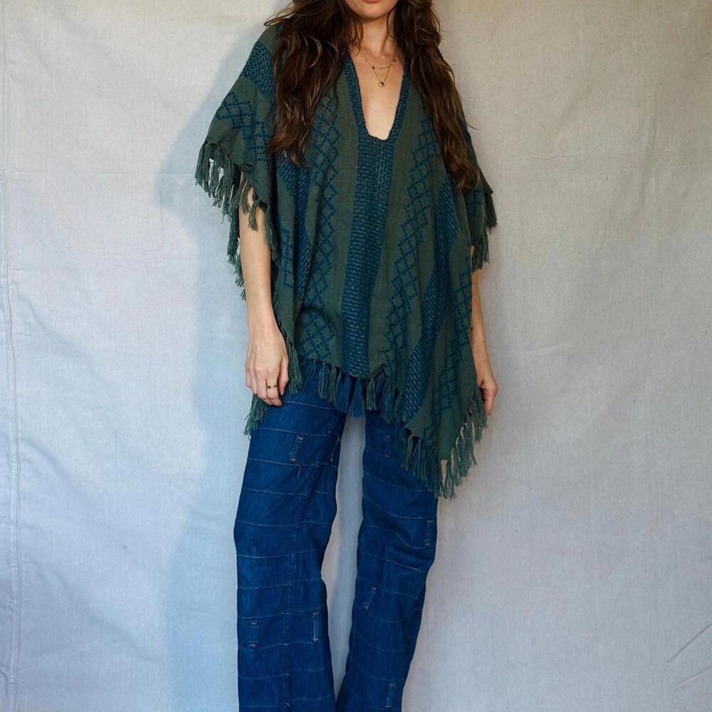 Free People Blue and Grey Fringe Poncho (Modern)
